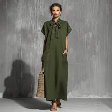 Vestido Midi Casual para Mujer 2026, Verde Militar, Sólido, con Lazo en la Cintura y Manga Corta - Albaricoque - Ver 3