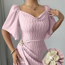 Women's Metal Buckle Color Block Ruffle Collar Petal Sleeve Fitted Elegant Dress, Spring/Summer Dress With Metal Buckle Pink Midi Dress - Verde pastel - Ver 5