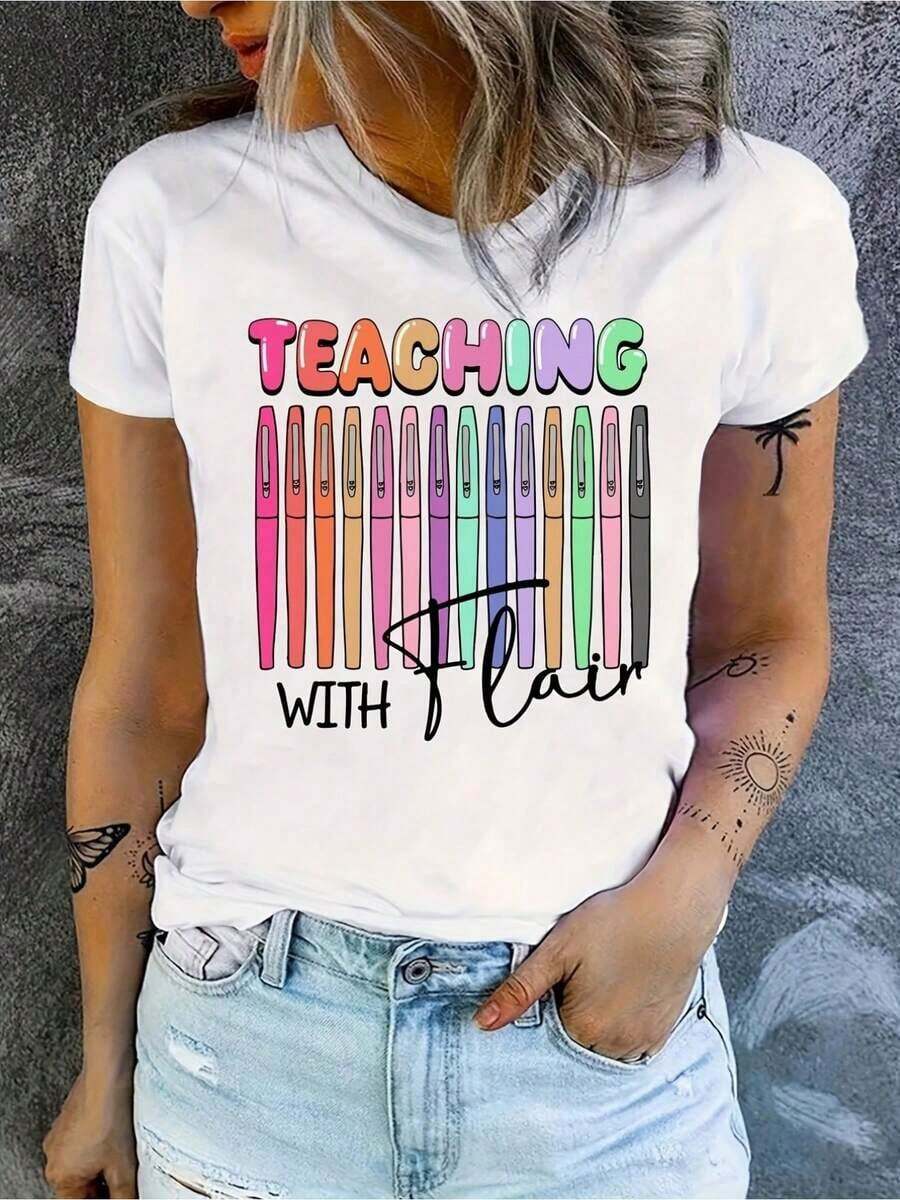 Camiseta de algodón con diseño divertido para profesoras - Camiseta de manga corta con patrón educativo personalizado - Top holgado y elástico - Ropa para el Día del Maestro y la vuelta al cole para educadores - Lavable a máquina, adecuada para todas las estaciones - Camiseta casual blanca de cuello redondo, diseño divertido, tela cómoda, exclusiva para maestras. - Blanco - Ver 1