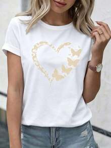 Camiseta con estampado de camisa casual para mujer, manga corta y cuello redondo, moda urbana local de primavera/verano. - Blanco - Ver 10