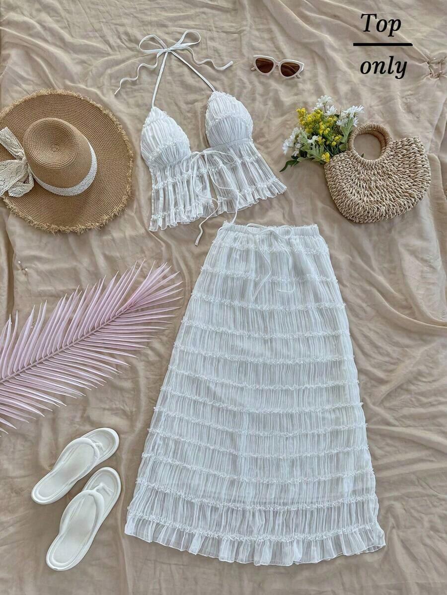 Nuevo top sin espalda con tirantes ajustables y textura, para primavera, verano, Pascua, festivales de música electrónica, estilo occidental para mujer, bohemio, vaquera, modesto, estilo fairy core, vacaciones tropicales, despedida de soltera, - Blanco - Ver 1