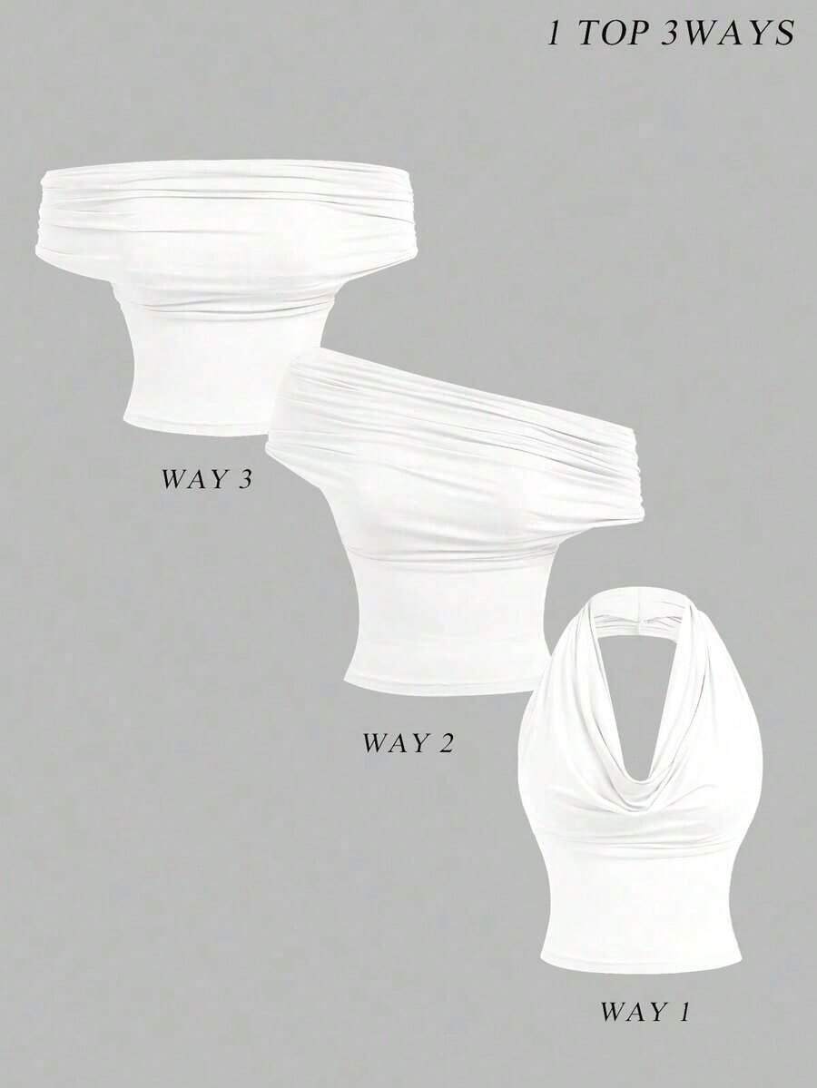 4 piezas Tops de mujer 95% algodón de ajuste ceñido de 3 formas en unicolor - Cuello de capucha, hombros descubiertos y sin tirantes, tops casuales estéticos para verano y primavera para festivales, vacaciones en la playa, fiestas de té, bailes - Blanco - Ver 1