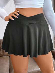 Falda acampanada de talle alto asimétrica de talla grande - Negro - Ver 7