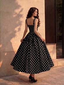Vestido casual y elegante de mujer con cuello cuadrado sin mangas, a lunares en blanco y negro, silueta ajustada, adecuado para el trabajo o citas, falda larga en línea A, apropiado para verano y primavera, vestido elegante para fiestas, ropa exterior, vestido de vacaciones, vestido a lunares - Negro - Ver 3