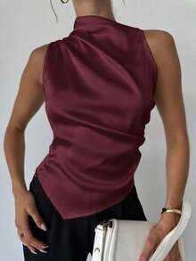 Blusa de satén con cuello plisado, sin mangas, elegante y sencilla, para oficina y negocios, con dobladillo puntiagudo, color marrón - Granada - Ver 2