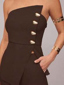 Set de 2 piezas: Top con diseño de aro asimétrico con decoración metálica + Pantalones de pierna recta, Uso elegante diario, Atuendo de oficina, Boda, Vacaciones, Cita, Fiesta, Ceremonia de graduación - Marrón - Ver 3