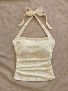 Parte superior corta ajustada con cuello de halter casual para vacaciones de mujer, verano de mujer, sin espalda, ropa de vacaciones de mujer, lunares, primavera de mujer, verano, parte superior para salir de mujer, vacaciones de mujer - Albaricoque - Ver 5