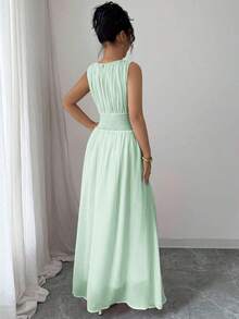 Vestido maxi casual, romántico, vintage y elegante de gasa para mujer con cordón en la cintura, para la playa, el té de la tarde, fiestas de noche, uso diario, sin mangas, de unicolor, vestido largo, primavera/verano - verde menta - Ver 2