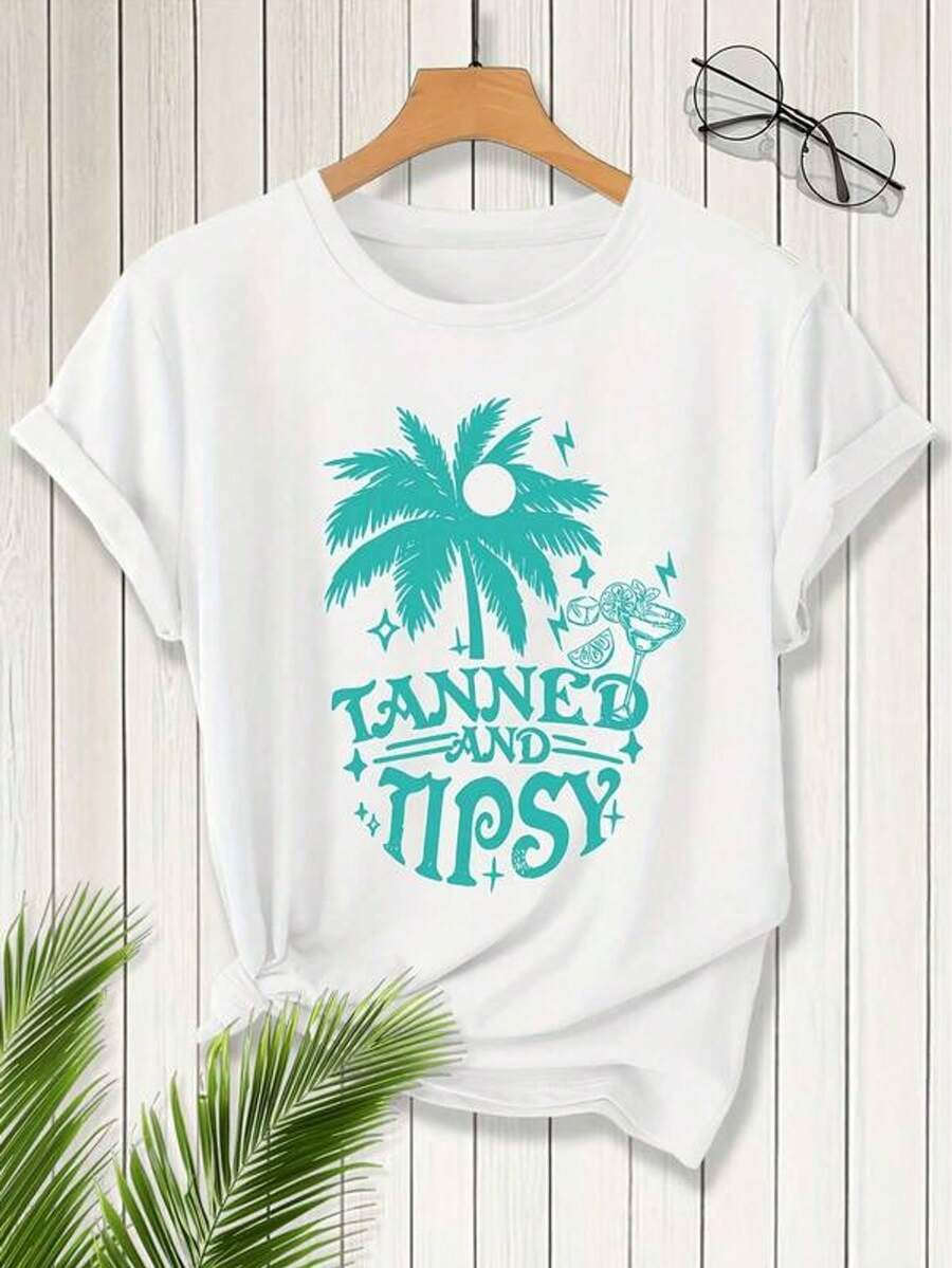 Conjunto de verano para mujer. Esta camiseta de mujer de manga corta con estampado de cóctel y palmeras es perfectara todas las estaciones, incluyendo primavera, verano, otoño e invierno. Es elegante, cómoda, suave y transpirable.2026