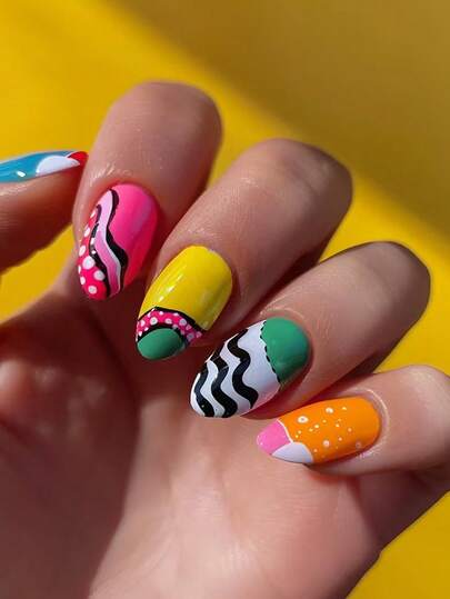 24pcs Oval Short Press-On Nails, Dopamine Pop Color Combination, Polka Dot, Wave Line & Geometric Pattern Design, Cute & Chic Artificial Nails For Party And Daily Wear, Comes With Jelly Gel And Nail File