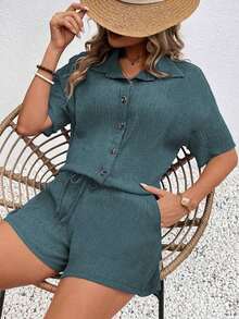 Conjunto de 2 piezas con blusa de manga corta de cuello de botones y shorts con lazo delantero, sencillo, para mujer - Azul cadete - Ver 3