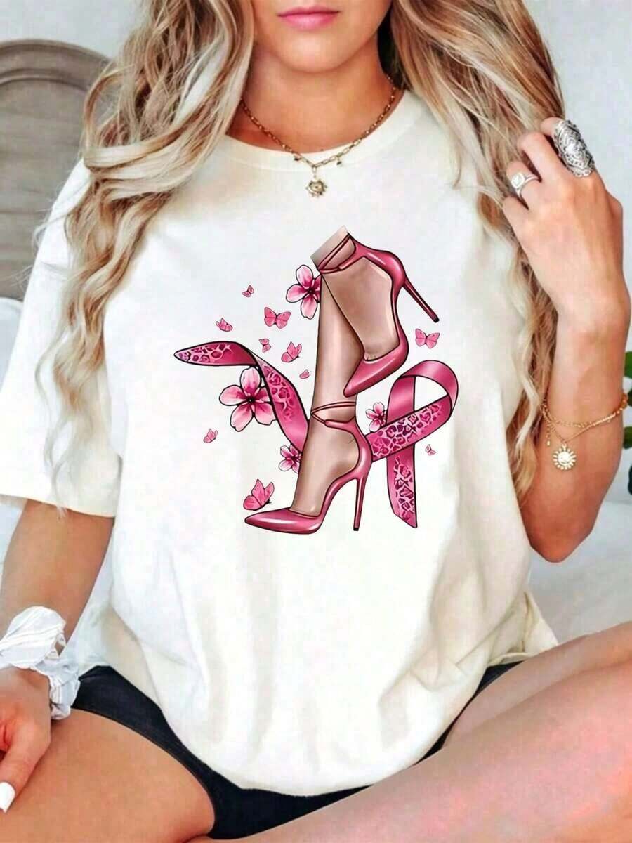 Camiseta Casual de Manga Corta para Mujer, Diseño de Tacones Rosados y Flores, Ropa de Verano para Ella, Regalo, Camiseta de Verano - Blanco - Ver 1