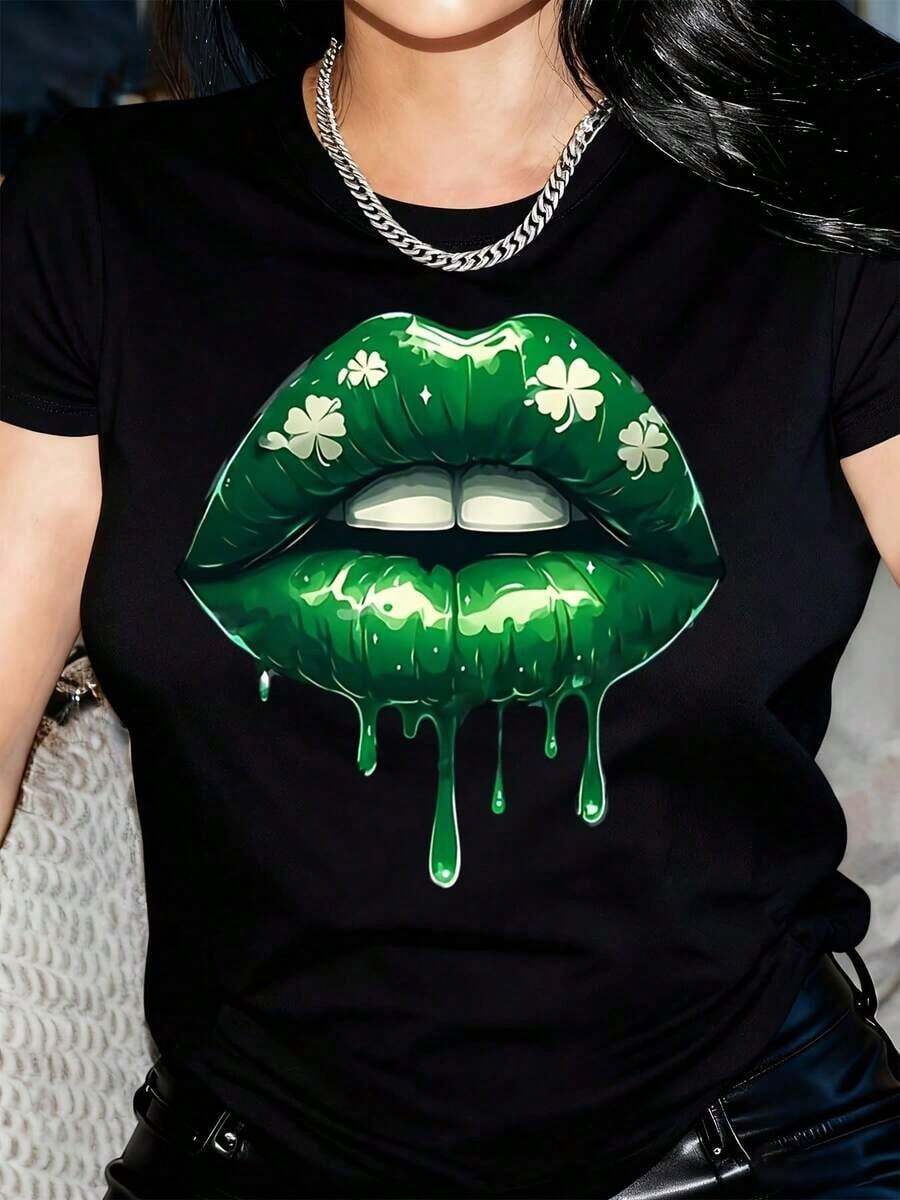 Camiseta Casual de Manga Corta para Mujer - Con Estampado de Labios Verdes y Trébol Blanco, Cuello Redondo de Corte Holgado, Lavable a Máquina, para Atuendos Casuales, Camisetas para Damas, Camiseta de Tela No Transparente para Verano. - Negro - Ver 1