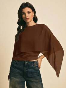uello chal marrón para mujer, blusas elegantes para mujer, blusas casuales para mujer, apropiada para uso diario, salir, ir y venir en otoño/invierno, blusa de manga de murciélago, blusa marrón café, blusa marrón oscuro - Óxido marrón - Ver 4
