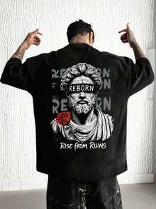 Men's Short Sleeve Crew Neck T-Shirt With Large Statue, Floral, And English Print | Exquisite Design | Summer Essential | Easy To Match - 灰色 - 查看 3