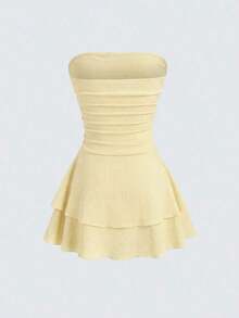 Vestido mini de punto sin tirantes de unicolor minimalista para mujer, vestido de pastel de múltiples capas - Amarillo claro - Ver 2