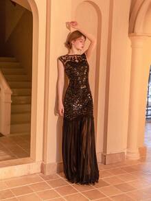 Women's Long Party Dress With V-Neck, Sequin And Lace Embroidery On The Top, Flowing Chiffon Skirt, Various Colors (Green, Black, Red, Champagne), Ideal For Banquets And Formal Events. - 黑色 - 查看 2