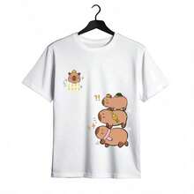 Tops para mujer Casual para Mujer con Estampado de Capibara, Negra, de Algodón, Manga Corta, Cuello Redondo - Blanco - Ver 1