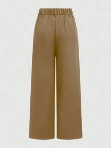 Pantalones anchos de primavera casuales para mujer  estilo de pierna recta holgada, diseño de cintura único de unicolor, adecuados para la oficina y el uso diario, versátiles y favorecedores - Marrón - Ver 9