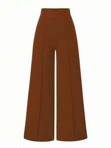 Pantalones anchos de cintura alta de unicolor de uso casual para mujeres - Marrón - Ver 9