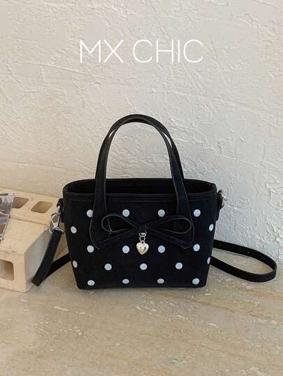 1 pieza Bolso de cubo de piel de poliuretano con bloques de color y lunares para mujer, primavera/verano, con decoración de lazo y corazón, bolso de hombro/cruzado, adecuado para ir al trabajo, compras, vacaciones, regalo