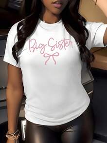 Pink Text With The Phrase "Big Sister" Accompanied By A Ribbon Symbolizes Affection, Family Unity, And Pride In Being An Older Sister, Reflecting Tenderness And Confidence. Comfortable Casual Women's T-Shirt For Everyday Wear - 白色 - 查看 5