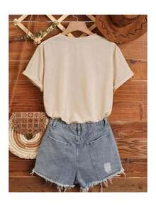 Basic T-Shirt With Adorable Cat Print, Loose And Comfortable - Beige - View 2