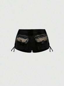 ROMWE Grunge Punk Shorts vaqueros de tiro súper bajo con parches, estilo Harajuku Gyaru Gal Y2K, de cintura súper baja y peludo - Negro - Ver 5