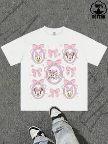 Disney Licensed Minnie Mouse & Daisy Duck T-Shirt, Cute Coquette Pink Bow Print, Sweet Casual Style, Ultra-Soft Breathable Fabric, Perfect For Disney Trips & Daily Wear, Unisex - trắng - Xem 2