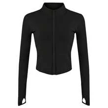Las mujeres de peso ligero completo de la chaquede la pista de la pista de carrera de la cremallera del ejercicio del ejercicio delgado ajuste Sportwear del Yoga - Negro - Ver 8