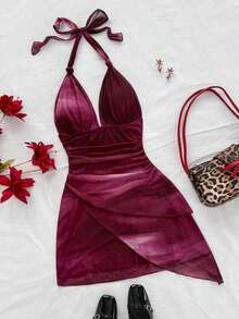 Vestido Mini Sexy Romántico de Vacaciones para Mujer Vintage con Degradado, Cuello Halter en V, Lazos, Malla, Volantes y Bajo Asimétrico, Ropa Bohemia, Vestido Ajustado - Multicolor 2 - Ver 13