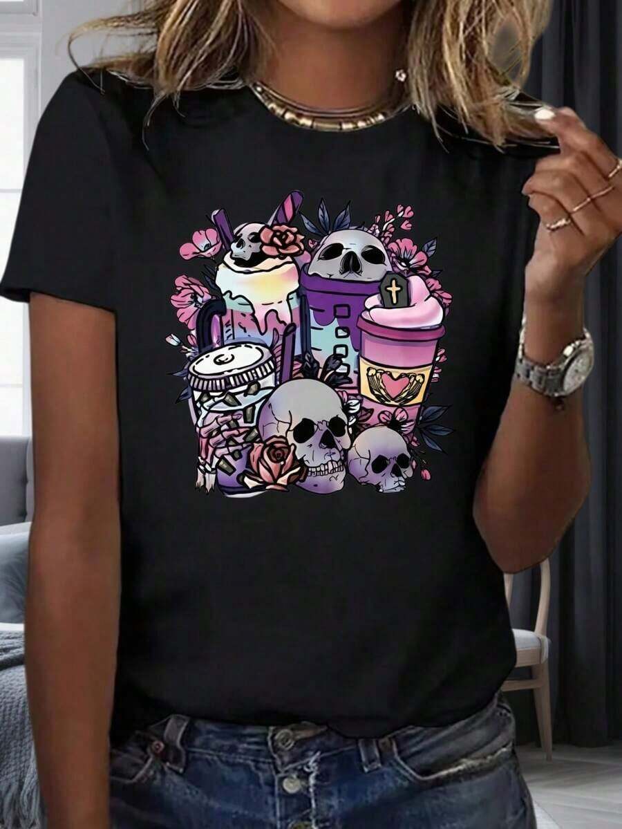 ropa de mujer Camiseta gráfica con diseño de calavera y taza de café floral para mujer, top casual de moda, estilo streetwear, camiseta con estampado artístico, ropa para fiestas y vacaciones, 220mg, camisas de mujer - Negro - Ver 1