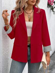 Clasi Chaqueta ligera de estilo casual de negocios para mujer, con cuello de solapa, apta para el lugar de trabajo, de unicolor, para primavera/otoño - Rojo - Ver 5