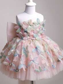 Vestido formal elegante para niñas con gran lazo, aplicaciones florales de lentejuelas y cola desmontable, vestido de princesa para fiesta de cumpleaños, boda, niña de las flores, reunión, baile de graduación - Rosa - Ver 9