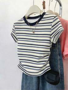 Nuevas blusas de verano para mujer, diseño con estampado, estampado multicolor a rayas, ajustadas con cintura fruncida, camiseta de mujer - Multicolor - Ver 1