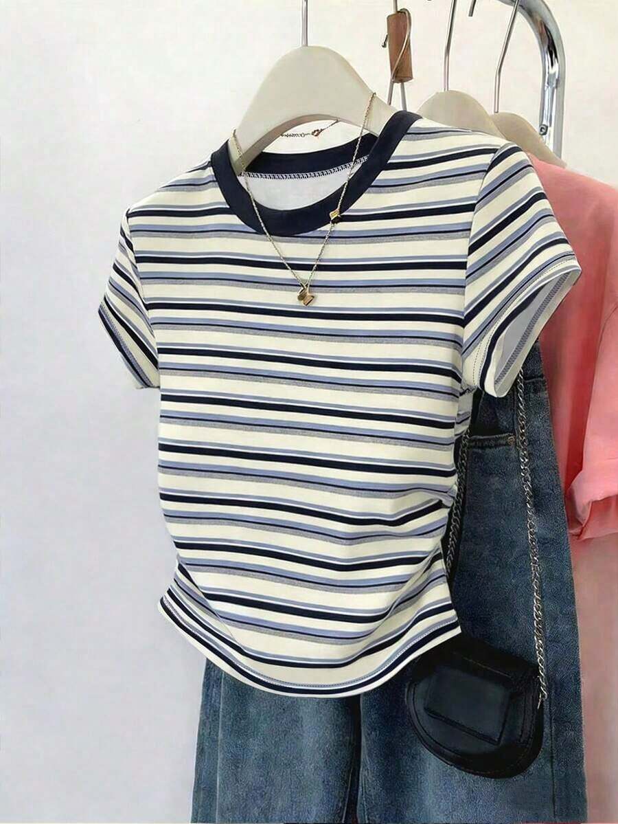 Nuevas blusas de verano para mujer, diseño con estampado, estampado multicolor a rayas, ajustadas con cintura fruncida, camiseta de mujer - Multicolor - Ver 1