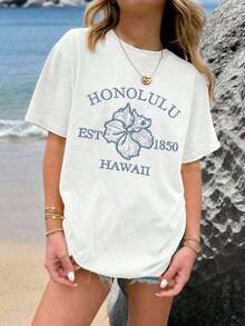 Women's Clothing Tropical Vacation Sets, Hibiscus Flower Slogan Print T-Shirt, Cool Minimalist Casual Style For Teens, Summer Floral Top, Honolulu Hawaiian T-Shirt, Free Shipping, Women's Shirts - 白色 - 查看 6
