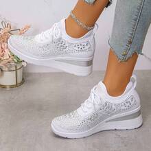 Women's New Sports Style Lace-Up Rhinestone Outdoor Wedge Thick Bottom Casual Sneakers, Breathable Comfortable Running Shoes, Outdoor Travel Shoes, Suitable For All Seasons,Indoor Chunky Heels, Casual Sports Shoes For Commuting To Work - 白色 - 查看 10