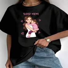 Women's Super Mom Graphic Print Cotton T-Shirt Casual Short Sleeve Round Neck Tee Top - 黑色 - 查看 1