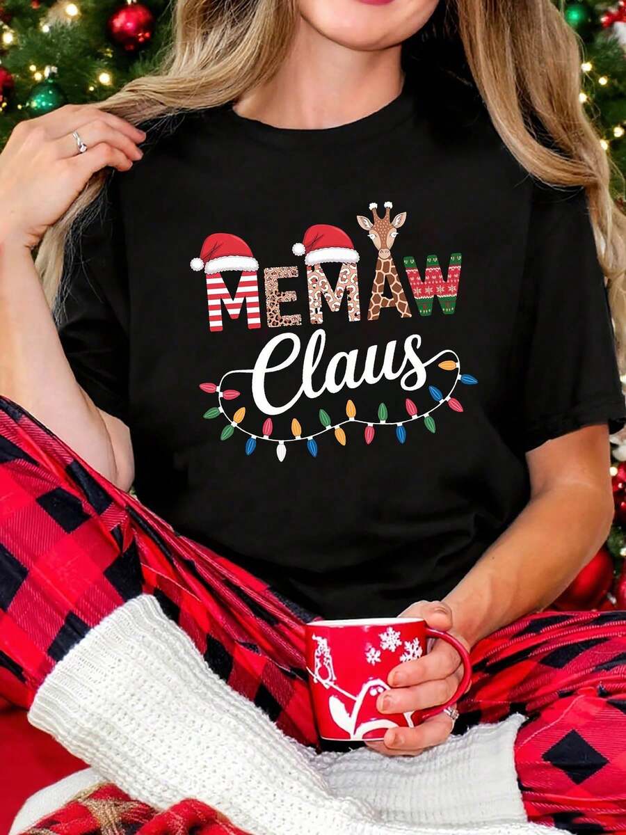 Camiseta de Navidad para Mujer Talla Grande "Memaw Claus" - Manga Corta con Cuello Redondo, Diseño de Apoyo Para Caminar de Caramelo y Copos de Nieve, Atuendo Festivo en Rojo, Verde y Blanco, I para Regalo de Abuela, Fiestas Familiares y Uso Diario (Lavable a Máquina)