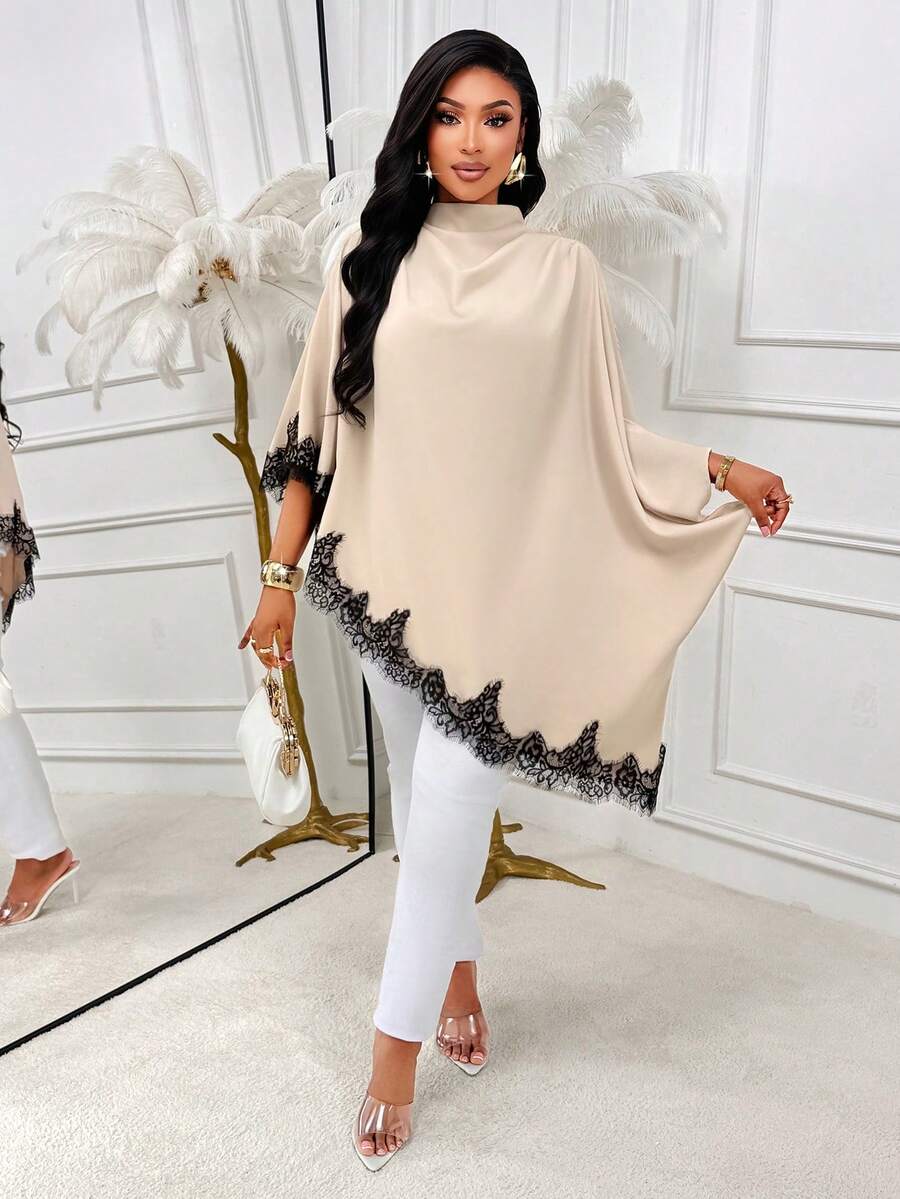 AIJ Plus Size Women Knit Fabric Long Sleeve Top, High Neck Asymmetric Lace Design, Fashionable - Apricot - View 1