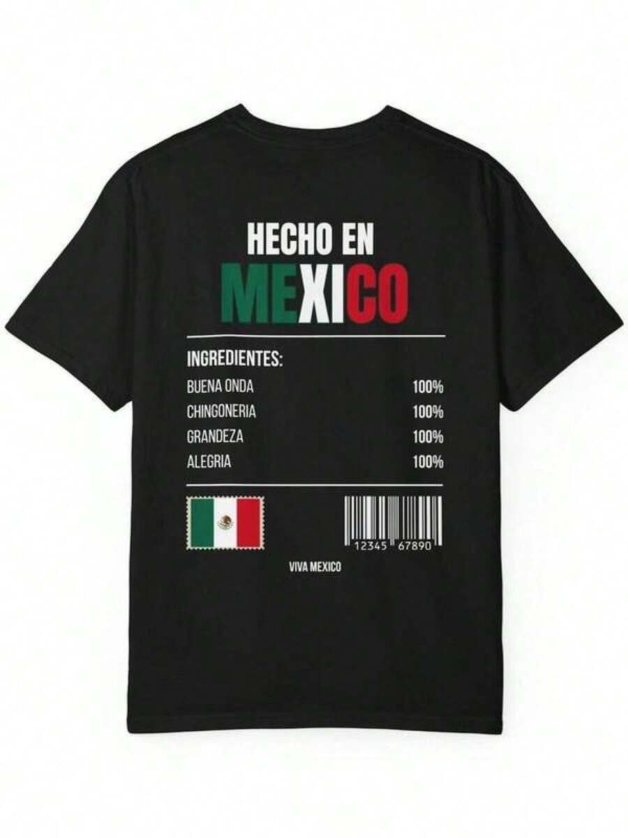 Hecho en Mexico label T-Shirt | México Copa Mundial 2026 | Gráfico de los ingredientes de la bandera mexicana - Negro - Ver 1
