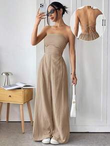 Mono de pierna ancha informal de mujer de talla grande, de algodón, con tirantes finos y espalda descubierta, para verano - Caqui - Ver 8