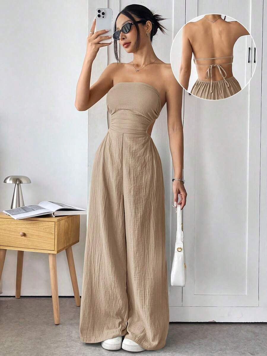 Mono de pierna ancha con top tubo sin espalda y cordones, de unicolor y para el verano - Caqui - Ver 1