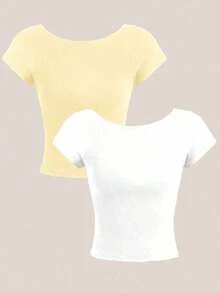 2 piezas Camiseta ajustada de mujer con cuello redondo, mangas cortas y espalda descubierta, estilo sexy y casual, adecuada para el verano - Multicolor 7 - Ver 2