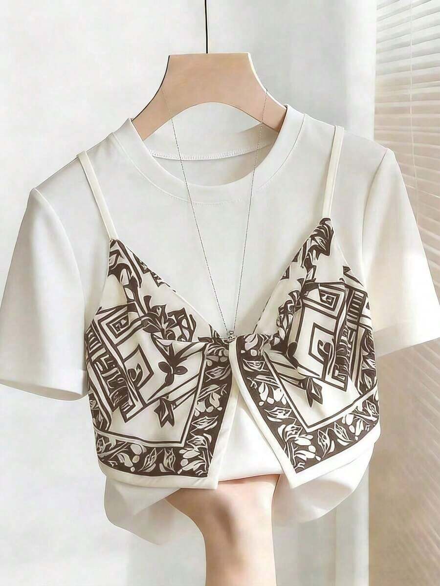 Camiseta de mujer de estilo minimalista francés, de punto, blanca, con diseño de giro 2 en 1, cuello redondo y manga corta, adecuada para el uso diario, el trabajo, la escuela, el maestro, el estudiante, las vacaciones, la playa y las fiestas, nu - Albaricoque - Ver 1