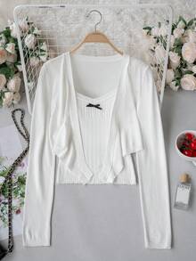 Bộ 2 món áo hai dây dệt kim + áo khoác cardigan ngắn cho nữ, kiểu dáng dễ thương ngọt ngào như nàng tiên, áo cardigan dệt kim dài tay màu trắng, áo hai dây dệt kim thắt nơ, trang phục layering ôm sát dáng người nhỏ nhắn với họa tiết rỗng. - trắng - Xem 8
