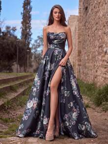 Faeriesty Elegant Strapless Floral Print Maxi Dress, High Slit Design, Backless Tie, A-Line Flowy Skirt, Suitable For Wedding Guest, Formal Photoshoot, Romantic Evening, Garden Party, And Bridal Shoot Vacation Spring Black - Black - View 4
