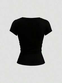 Camiseta de manga corta de unicolor con recorte de encaje de ojal semi-abierto para mujer, estilo urbano - Negro - Ver 2