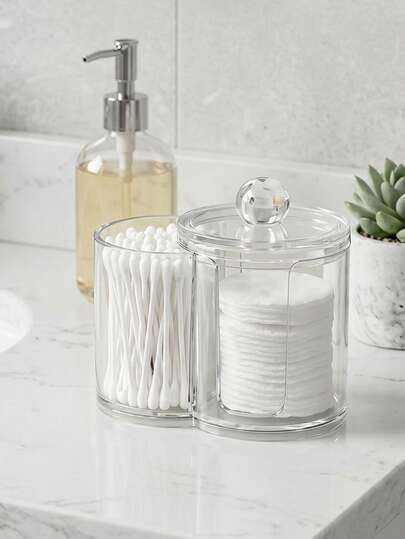 Hộp đựng đồ bằng nhựa trong suốt 2 trong 1, hộp đựng đồ trang điểm để bàn thiết kế tròn hai lỗ, hộp đựng mỹ phẩm trong suốt hai ngăn - Hộp đựng đồ trang điểm hiện đại có nắp đậy, hộp đựng đồ dùng phòng tắm, thích hợp để đựng cọ trang điểm, son môi và các dụng cụ làm đẹp.